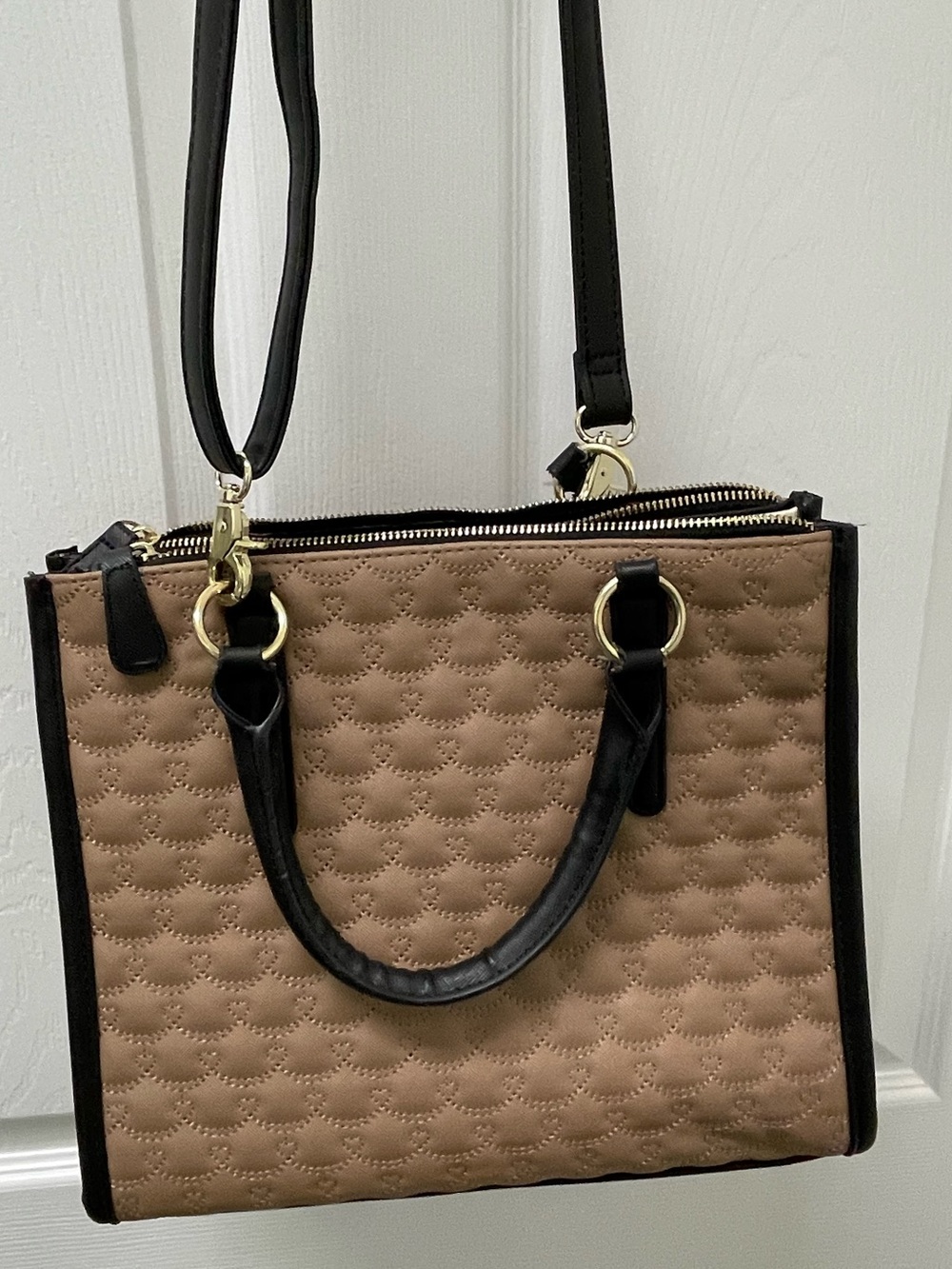 Betsy Johnson Quilted Taupe Tote Bag with Black Trim